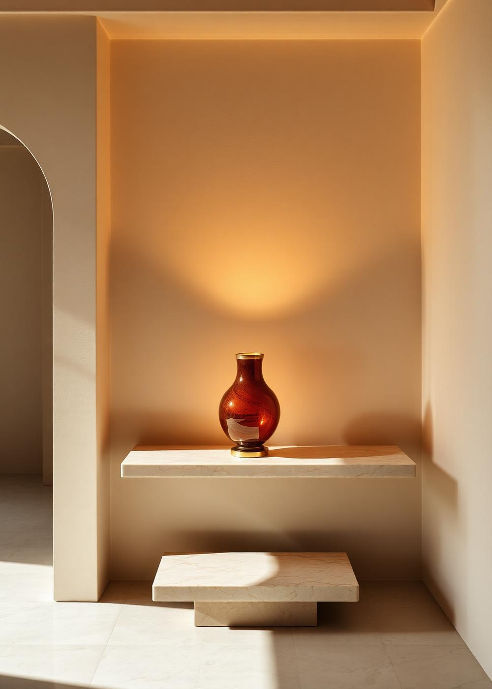 Warm-lit table lamp on a travertine console in a minimal ivory room
