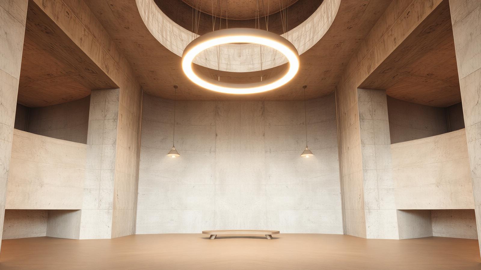 Suspended glass ring light glowing in a concrete architectural interior